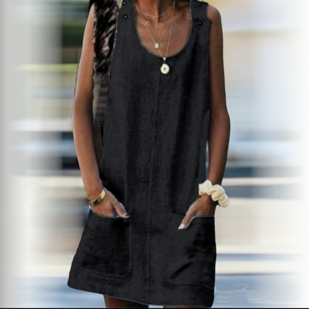 Black Linen Dress Sleeveless Tank Mini Beach Swim Cover Pockets Adjustable Strap